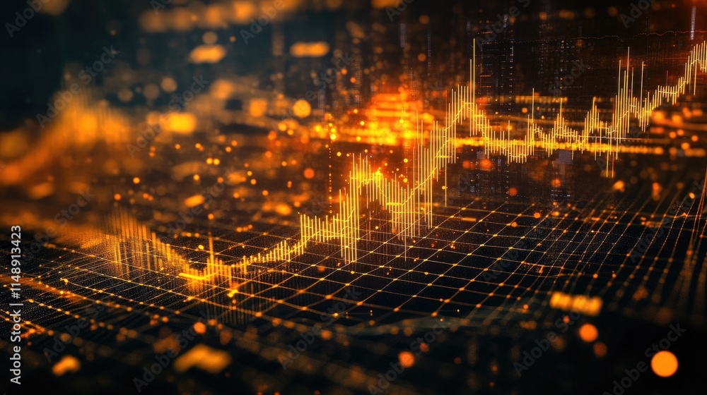 Poster abstract digital financial data visualization with glowing orange lines and grids representing stock