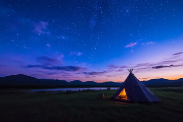 Obraz premium picturesque camping setup under starry sky, featuring tent by serene lake. tranquil scene evokes sense of adventure and peace