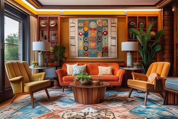 Fototapeta premium Chic Eclectic Lounge Area Design with Retro Sofa and Warm Wood Accents