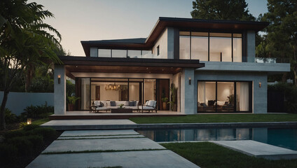 Fototapeta premium Modern Two-Story House with Swimming Pool and Patio