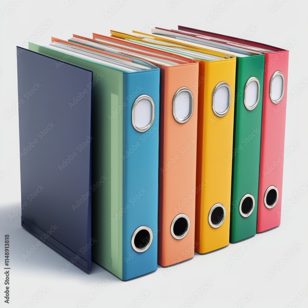 Poster a colorful collection of office binders arranged in a neat row, showcasing vibrant hues and organize