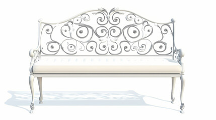 Classic white wrought iron garden bench with a cushioned seat , seat, iron, white. Wrought. Illustration