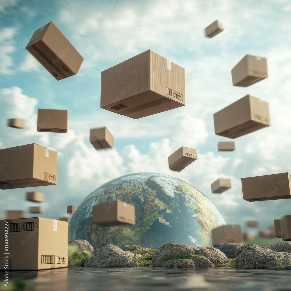 Poster a surreal scene with floating cardboard boxes above a globe, symbolizing global trade and delivery s