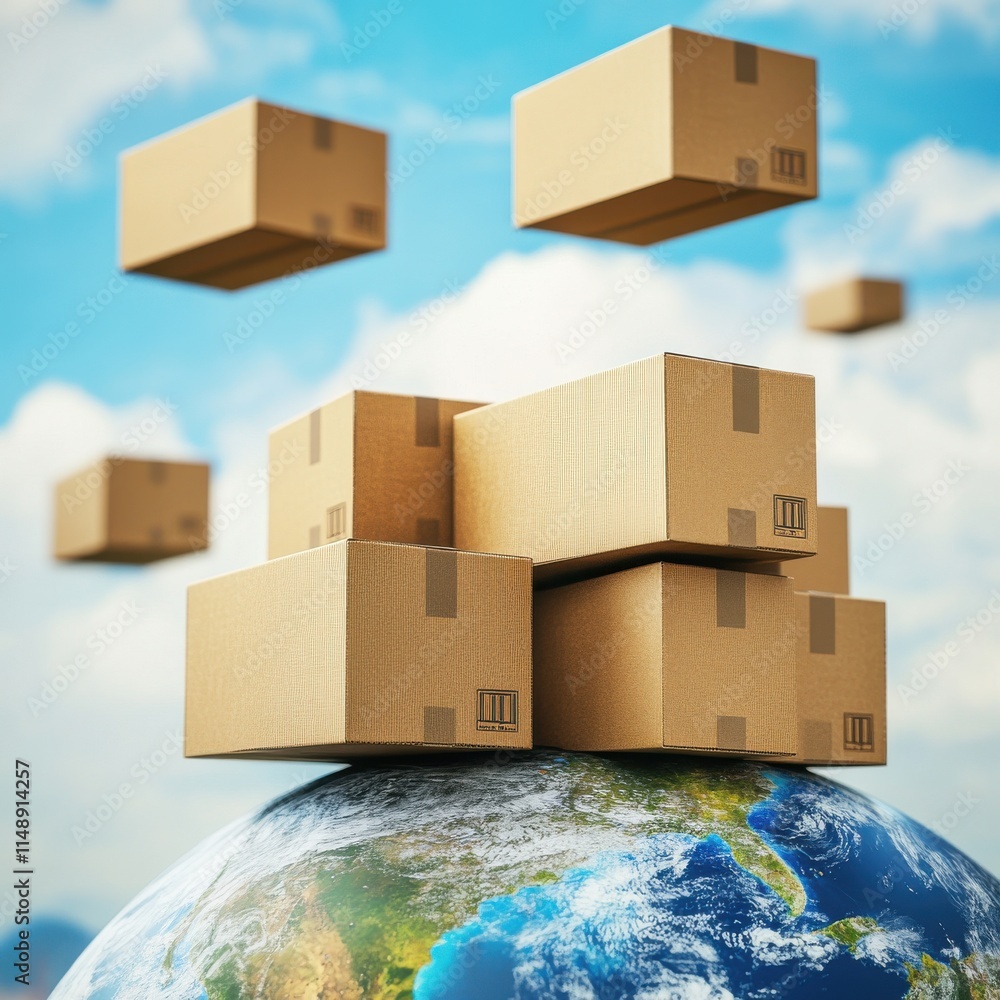 Poster a stack of cardboard boxes floating above a globe, symbolizing global shipping and logistics.
