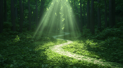 Obraz premium serene forest path illuminated by sunlight, surrounded by lush greenery