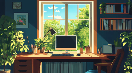 Cozy home office with scenic nature view. Wrought. Illustration