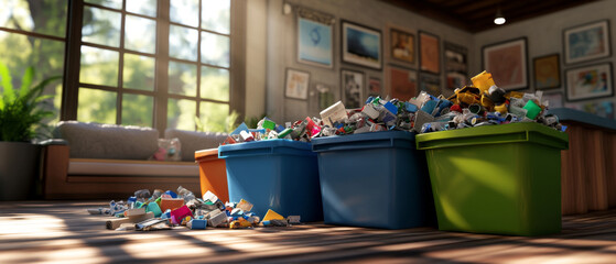 Overflowing recycling bins filled with waste in cozy room