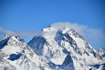 Snowcapped Mont Blanc mountain in French alps.