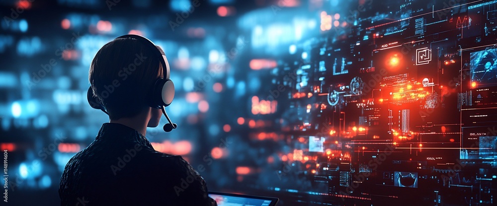 Poster a person with a headset interacts with a digital interface full of data.