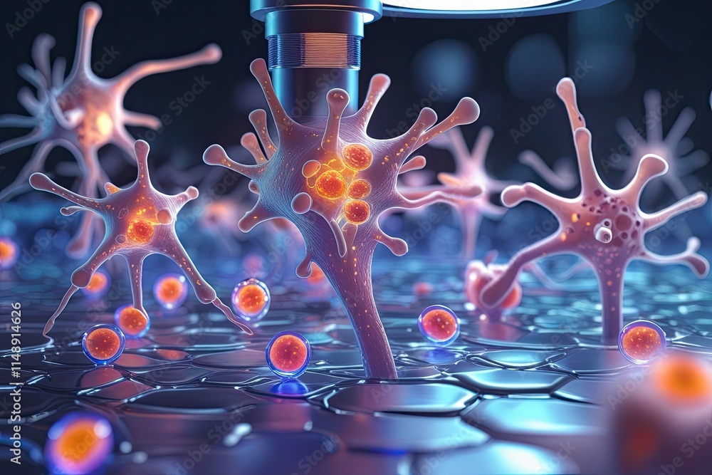 Poster 3d visualization of neurons and stem cells in a microscopic laboratory environment