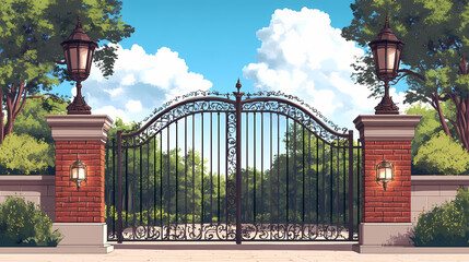 Fototapeta premium Elegant wrought iron gates with brick pillars and lamps. Wrought. Illustration