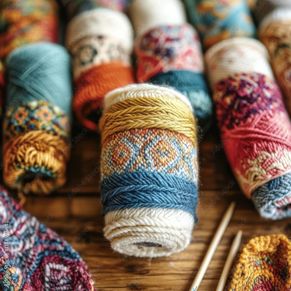 Poster a colorful display of yarn spools in various patterns, perfect for artisan crafting and knitting pro