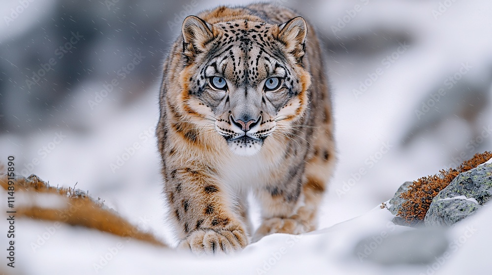 Poster a snow leopard close-up walks on a snowy ground with a rock in the foreground and another in the bac