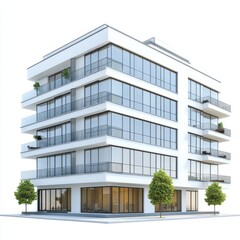 Obraz premium Modern white apartment building with large glass windows and balconies, exuding a contemporary aesthetic.