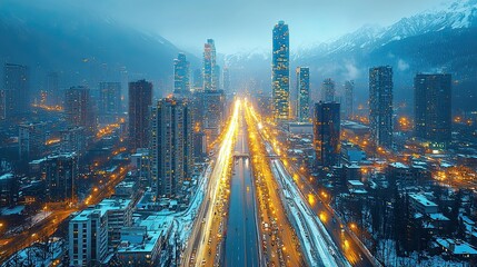 A bustling cityscape at twilight, showcasing skyscrapers and traffic under a mountain backdrop.