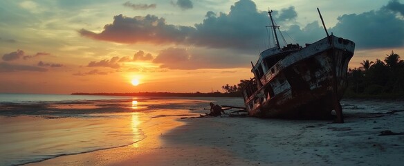 Rusted Shipwreck at Sunset on Tropical Beach