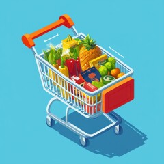 Colorful grocery cart filled with fresh fruits and vegetables against a bright blue background.