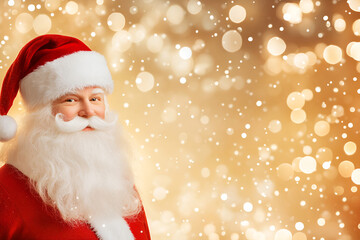 Santa Claus on golden Christmas background, with copy space