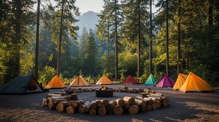 A serene campsite with colorful tents arranged around a fire pit in a forest.