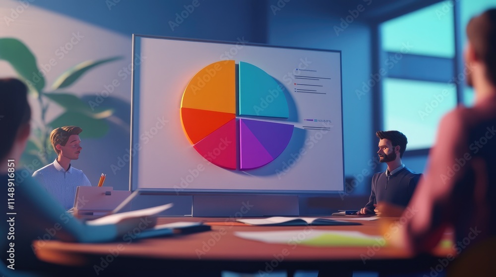 Poster modern business meeting with presentation displaying colorful pie chart, participants engaged in dis