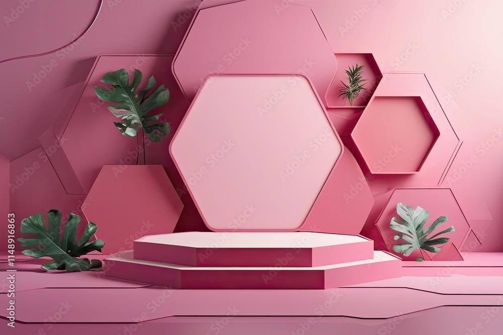 Poster pink abstract stage background with 3d hexagonal platform for product showcase