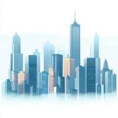 Obraz premium A serene skyline of a modern city with towering skyscrapers and a soft mist enveloping the buildings.