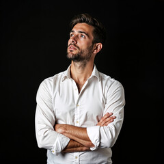Thoughtful Young Man Contemplating Ideas Against a Dark Background