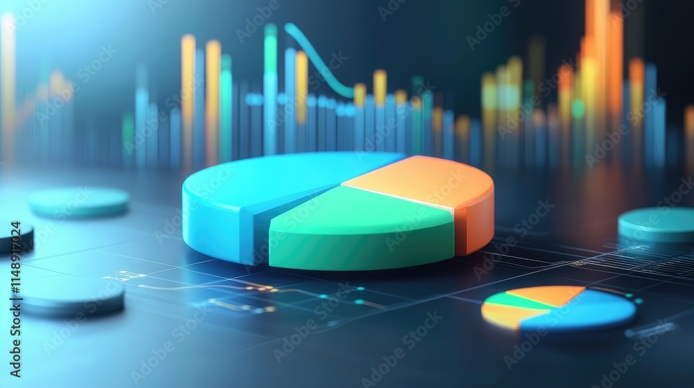Poster modern data visualization with colorful pie charts and dynamic graphs representing financial growth 
