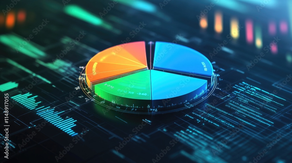 Poster colorful 3d pie chart on an abstract digital background representing data analysis and visualization