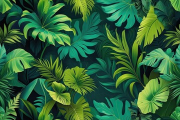 Enchanting Tropical Wallpaper Featuring Lush Leaf Patterns and Vibrant Greenery Designs