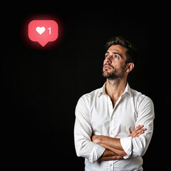 Man holding instagram like icon in hand on black background