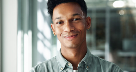 Portrait, smile and designer with business man in office for creative director confidence and...