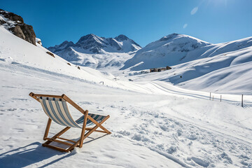 Sun lounger on ski slopes without people on a sunny day - Alps