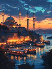 Fototapeta premium Istanbul Sunset: A mesmerizing digital painting of Istanbul's iconic skyline at sunset, featuring the Suleymaniye Mosque, illuminated buildings, and tranquil waters with boats gliding along.