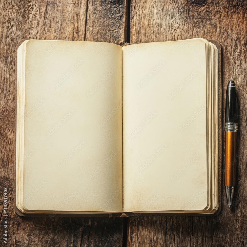 Poster an open blank notebook with a pen resting beside it on a rustic wooden surface.