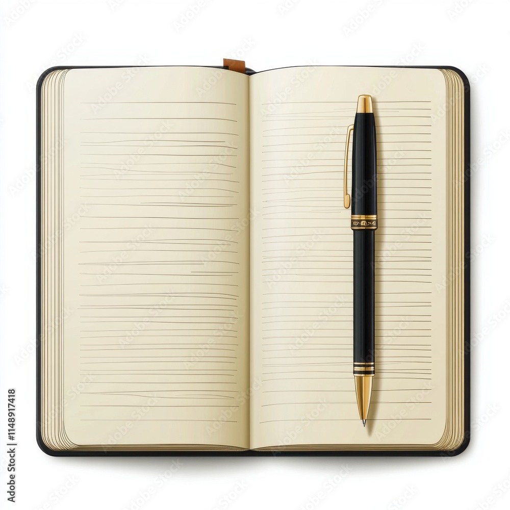 Aufkleber an elegant open notebook with blank pages and a stylish gold-accented pen resting on it.