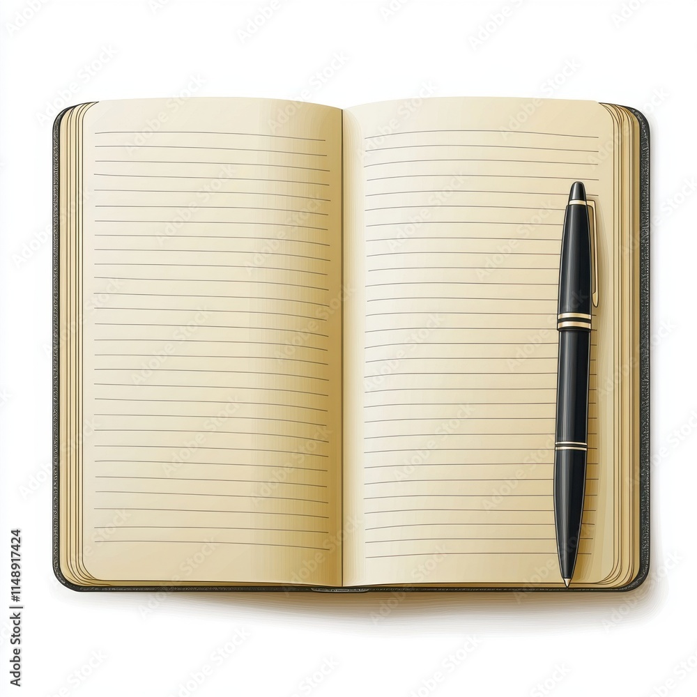 Poster an open notebook with blank pages and a sleek black pen resting on the side, ready for ideas and not