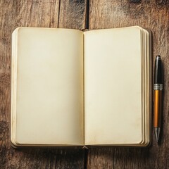 An open blank notebook with a pen resting beside it on a rustic wooden surface.