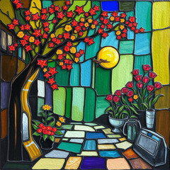 Colorful stained glass window. . Multicolored interior design template. Oil painting