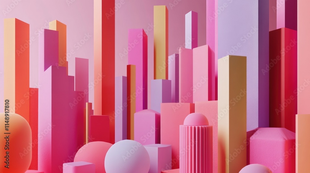 Poster abstract composition of colorful geometric shapes and structures with varying heights in a soft pink