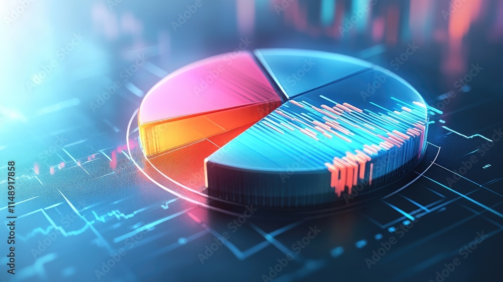 Poster abstract pie chart with colorful segments and graph data overlaid on futuristic digital background r