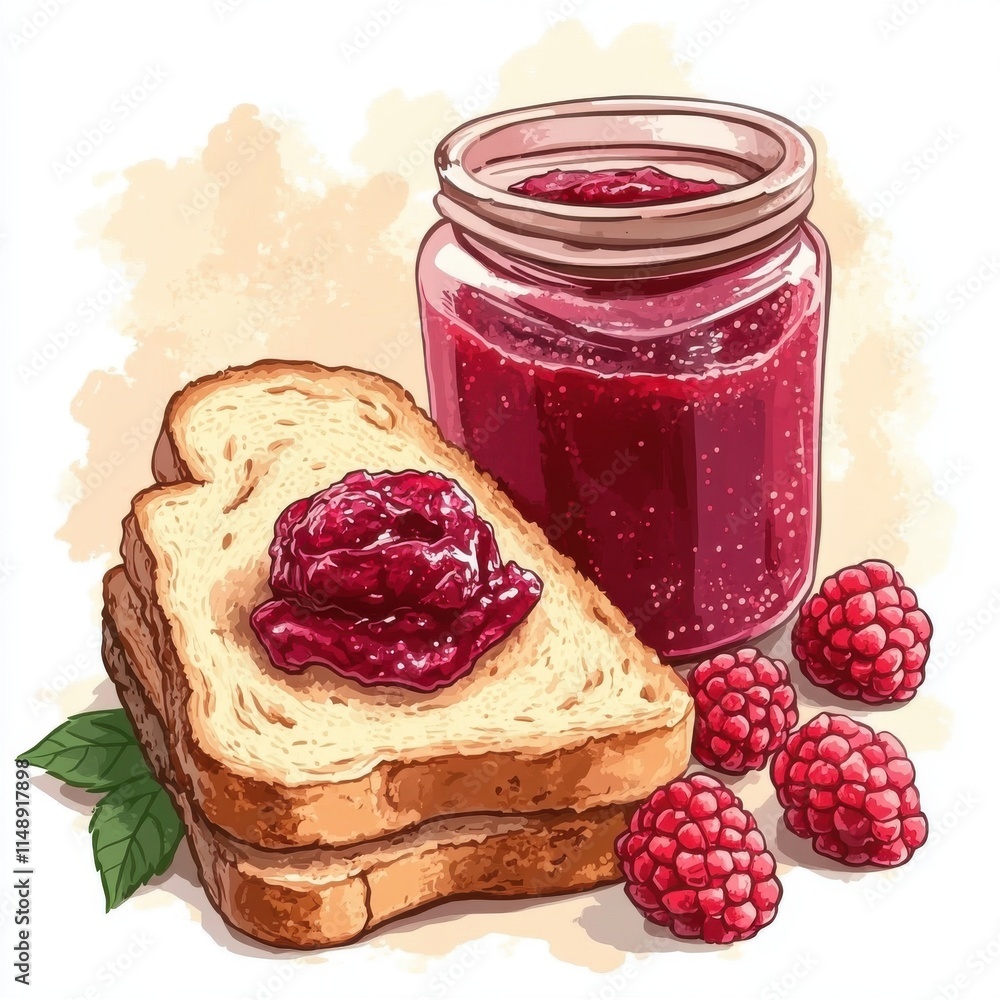 Poster a delicious toast topped with raspberry jam, accompanied by fresh raspberries and a jar of jam in a 