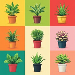 Obraz premium A vibrant collection of potted plants, showcasing diverse shapes and colors on a bright background.