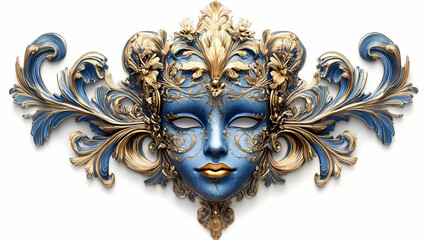 A beautiful blue and gold venetian carnival mask with ornate details. Wrought. Illustration