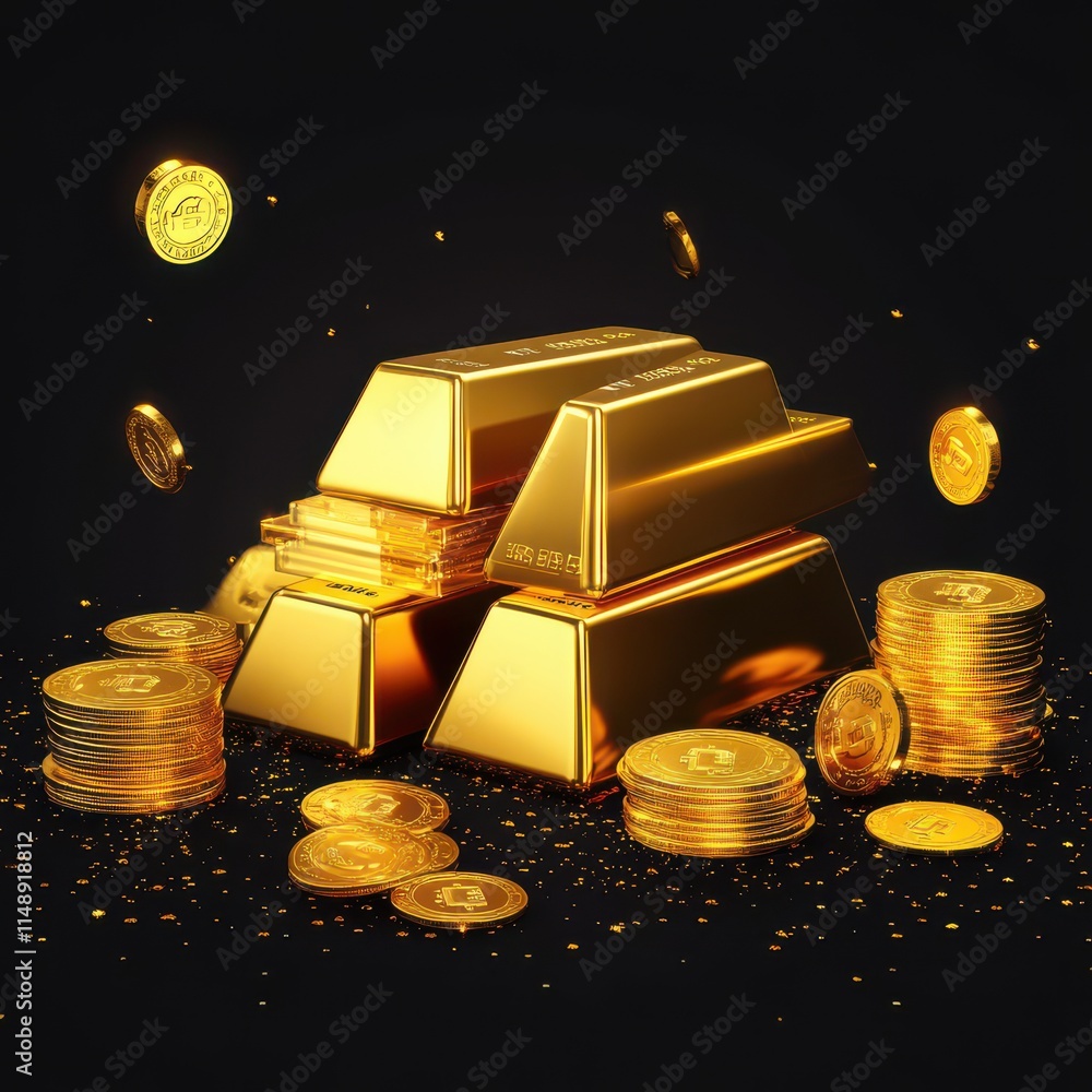 Poster piles of shiny gold bars and coins creating an extravagant, luxurious display against a black backdr