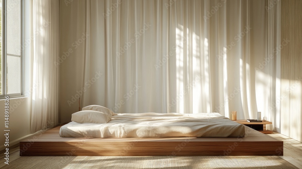 Poster minimalistic bedroom design with natural light and soft textiles creating a tranquil atmosphere for 