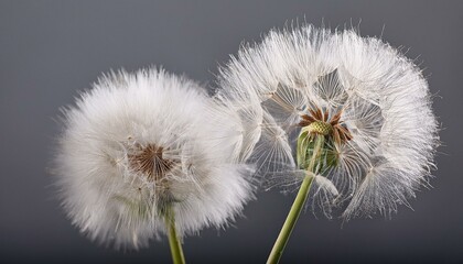 white fluffy dandelion flowers on gray background closeup