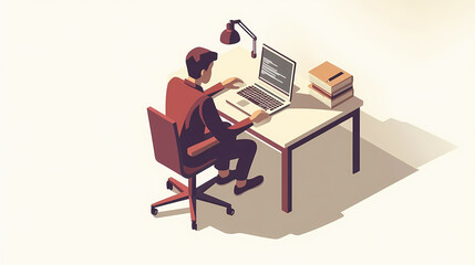 A man working with laptop at desk in flat isometric vector illustration. Wrought. Illustration