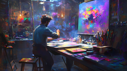 A painter immersed in vibrant colors, creating art in a lively studio environment. Wrought. Illustration