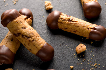 Sticks shortbread dipped in chocolate. Home made cookies.